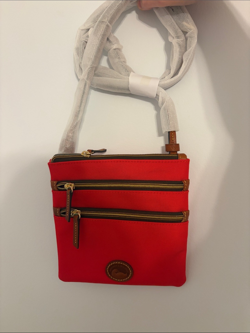 Dooney & Bourke Red Triple-Zip Crossbody with Leather Trim